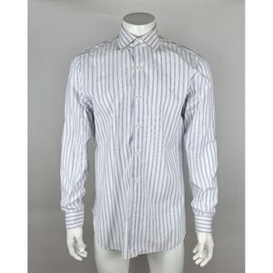 ISAIA NAPOLI Long Sleeve Dress Shirt Mens 16‎ Flaw* Cotton White Purple Stripe